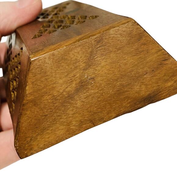 Carved Teak Wood Match Box Incense Wall Pocket Pierced Pattern Brass Studs Inlay - Picture 7 of 8
